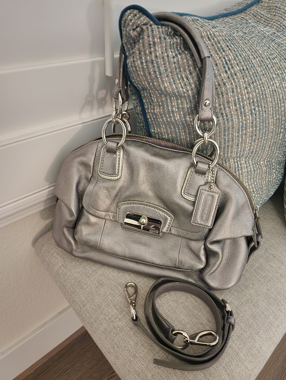 Coach Silver Metallic Leather Shoulder Satchel with Removable Crossbody Strap